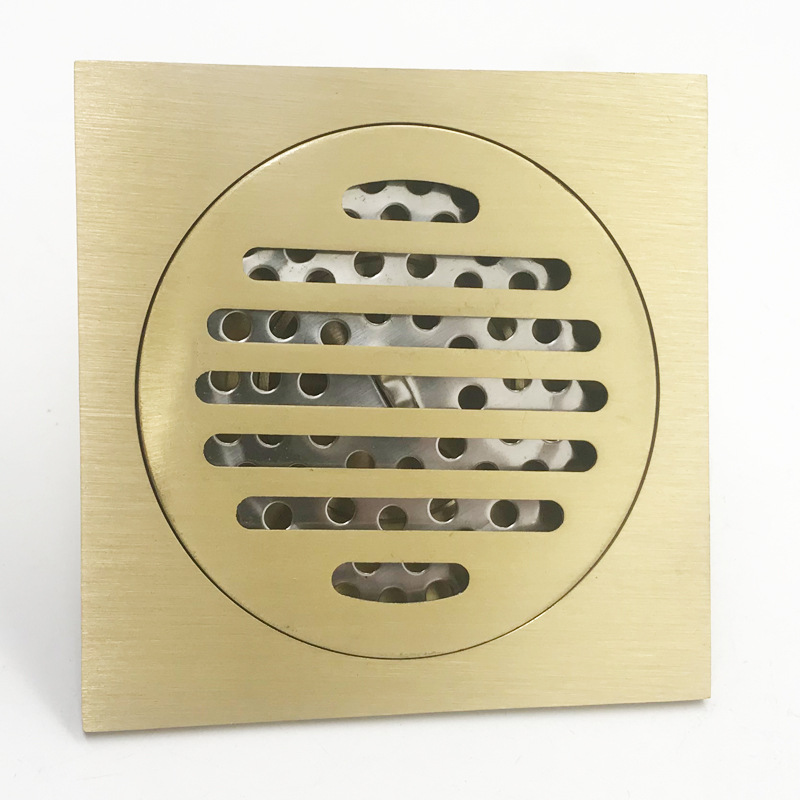Brass anti-odor floor drain for shower and bathroom, golden square straight bar, thickened floor drain for washing machine, anti-odor device Specification drawing