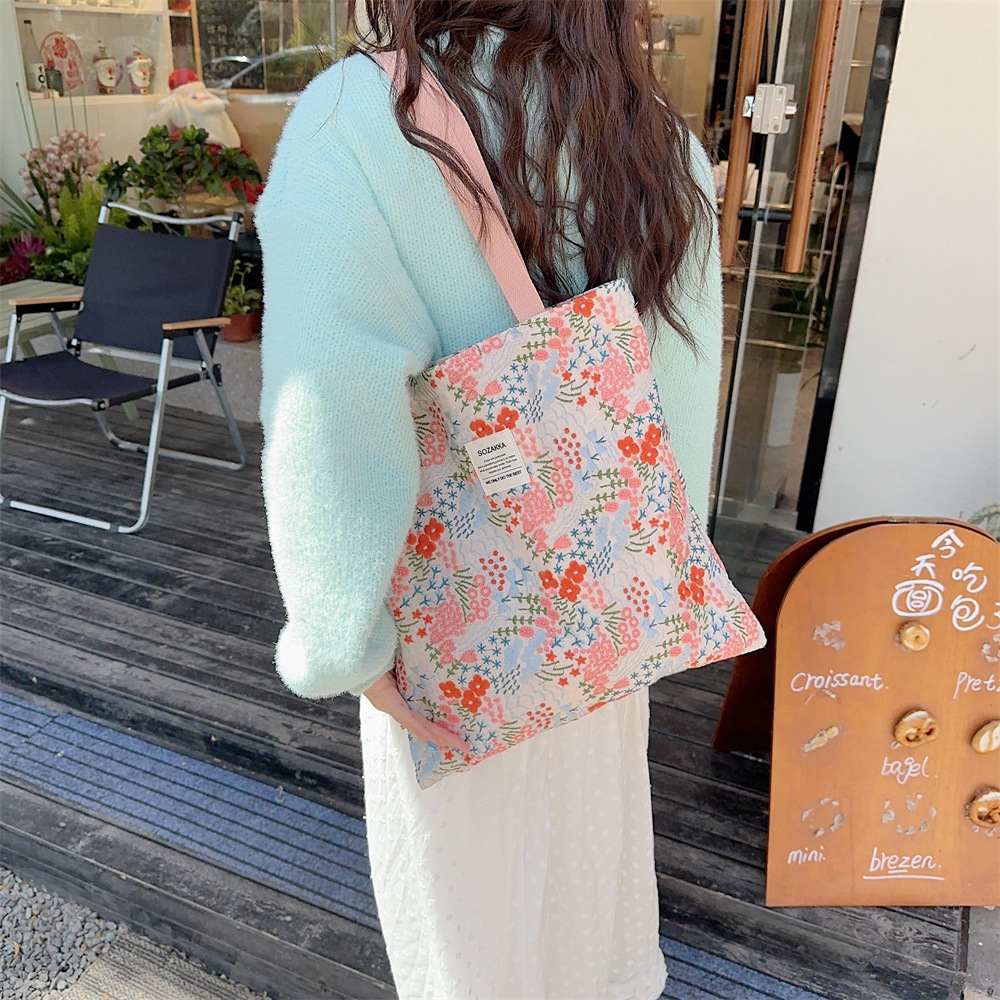 43204 Fresh and delicate embroidered floral canvas bag, large capacity open single-shoulder bag, women's shopping tote bag Specification drawing