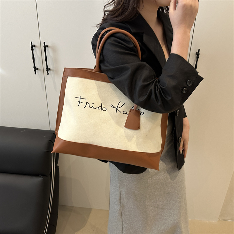 Retro large bag 2025 new style Korean niche design fashionable color-blocking shopping bag tote bag hand-held shoulder bag for women Specification drawing