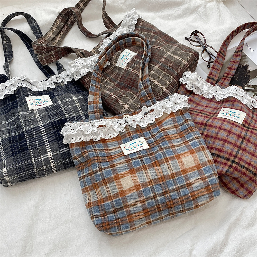 51151 Cute and girlish lace fringed woolen college checkered single-shoulder bag, cloth bag, hand-held tote bag full figure