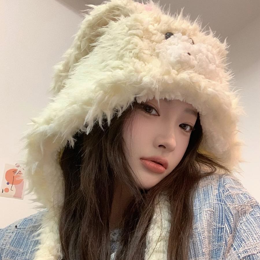 Low-price in-stock, instant delivery of cute plush rabbit ear pullover hats, sweet thickened warm furry ear-protecting Lei Feng hats Item Picture