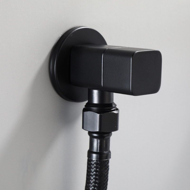 All-copper black cold and hot thickened triangular valve, water stop valve, washbasin, vegetable basin, ceramic basin, toilet brush, square triangular valve details Picture