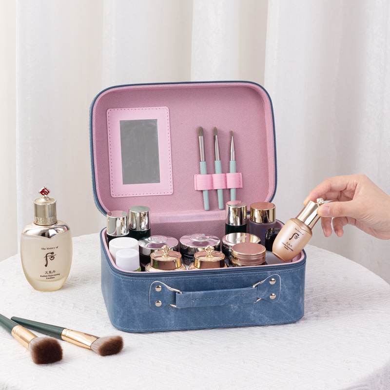 Portable denim makeup bag, large-capacity skin care products, desktop storage box, travel makeup case, hand-held souvenir, new style Specification drawing
