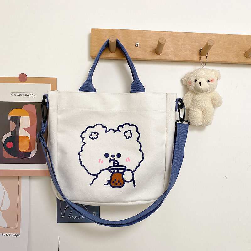 Korean ins tote bag, cartoon soft and cute bear canvas single-shoulder bag, Japanese Harajuku chic student crossbody bag for girls Specification drawing