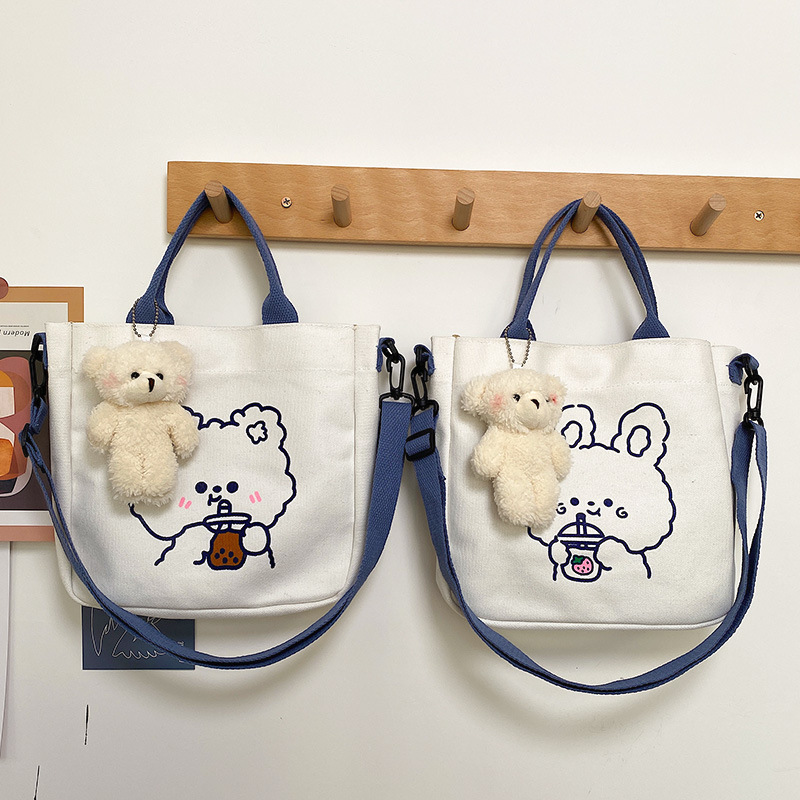 Korean ins tote bag, cartoon soft and cute bear canvas single-shoulder bag, Japanese Harajuku chic student crossbody bag for girls full figure