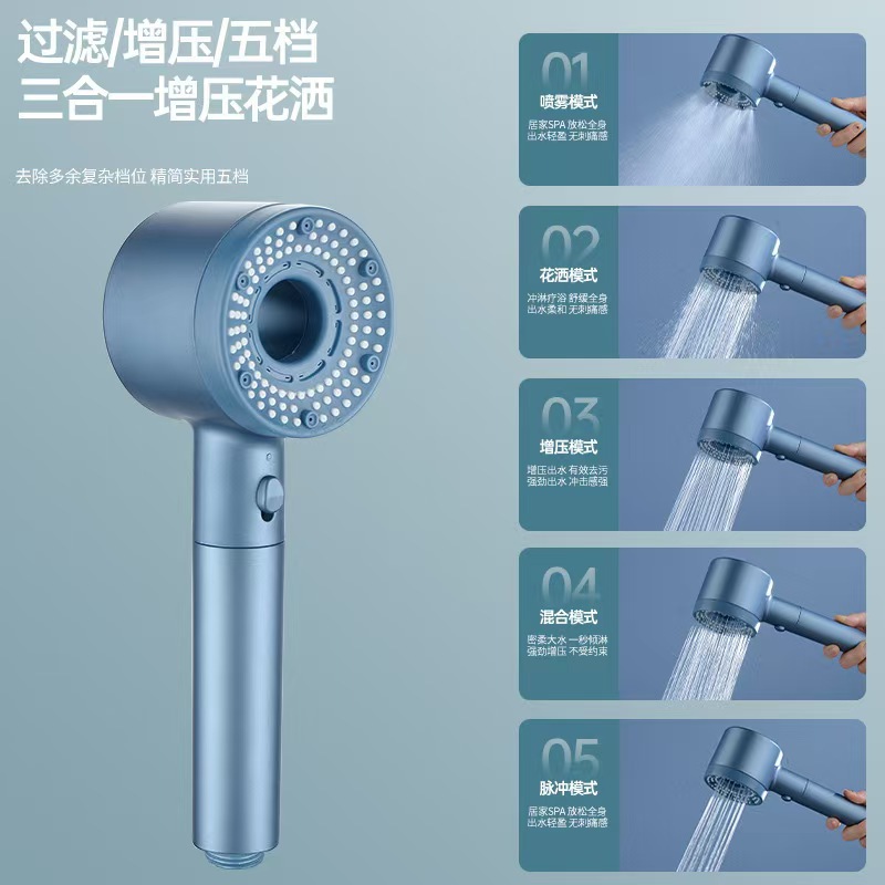 Hollowed-out super pressurized showerhead for home bathroom, five-in-one shower head with pressurized water purification, filtration, wearing and spraying Specification drawing
