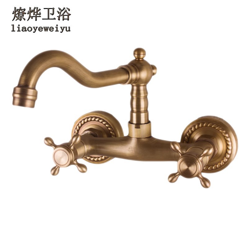 European-style all-copper cold and hot water sink, wall-mounted faucet, kitchen antique cold and hot five-way double-handle faucet, rotatable Item Picture