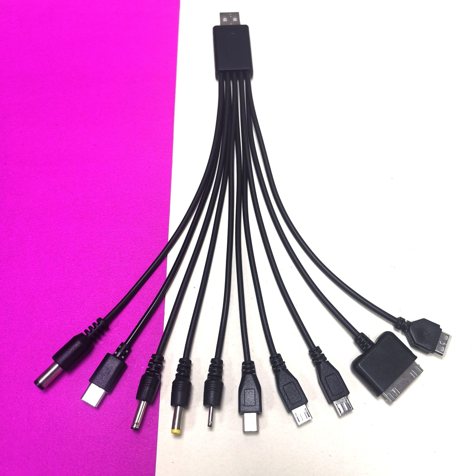 Black one-and-ten data cables, mobile phone USB 10-in-1, camping lamp power bank, ten-in-one charging cable full figure
