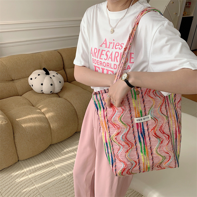 33184 color-blocking rainbow striped canvas single-shoulder handbag, large-capacity shopping bag, woolen women's bag full figure