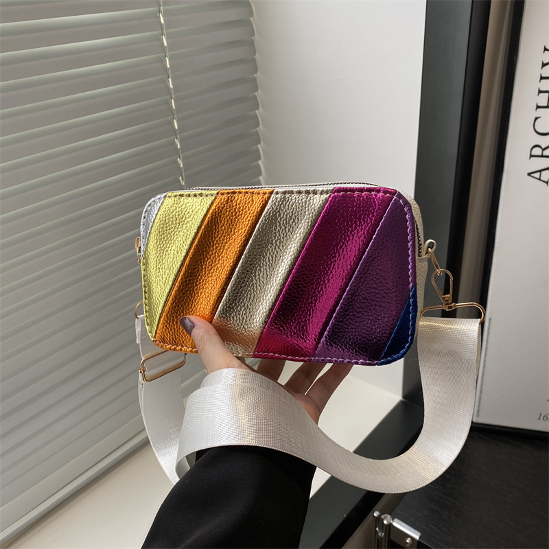 Twill Rainbow 2025 color-blocking Korean style fashion patchwork, stylish Twill striped single-shoulder crossbody small square bag for women full figure