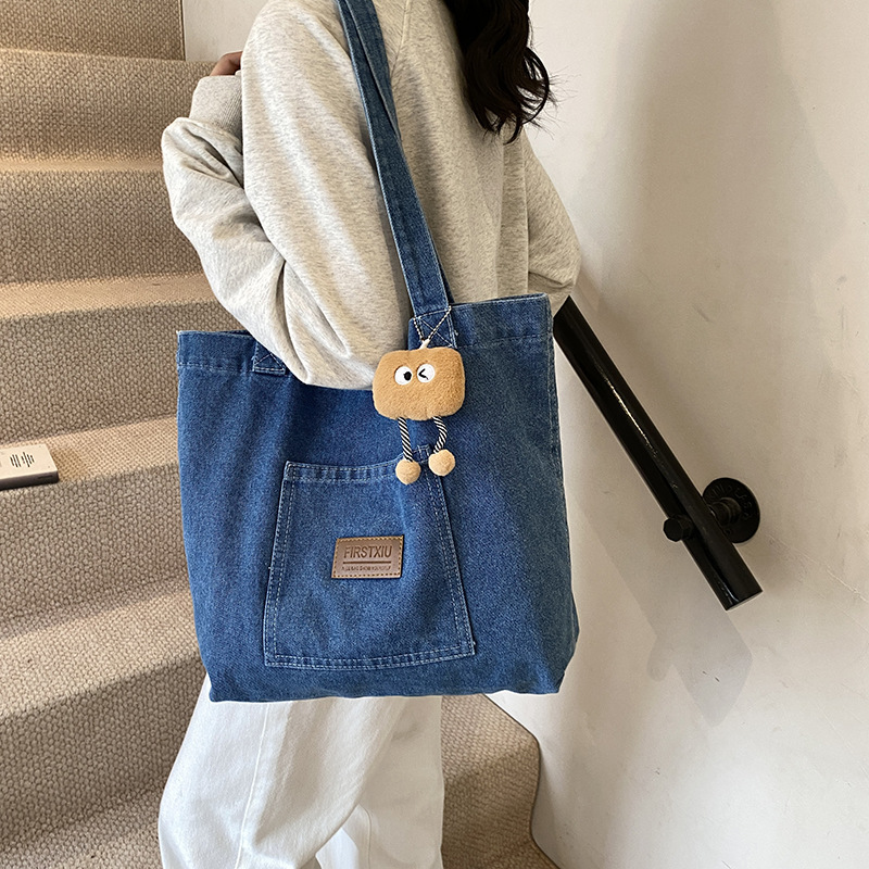 Denim canvas single-shoulder bag, women's large-capacity shopping bag, niche artistic tote bag, Japanese and Korean casual and versatile handbag details Picture