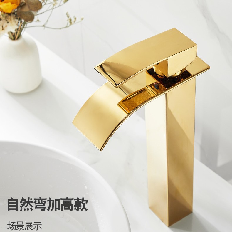 Cross-border Golden Waterfall faucet, 304 stainless steel square cold and hot washbasin, countertop basin, bathroom faucet Application Scenario