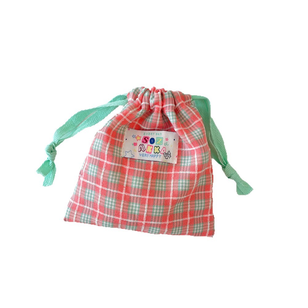 5746 Summer Color-blocking checkered Drawstring Bag with a drawstring opening, Red makeup touch-up bag, Travel Portioning bag Item Picture