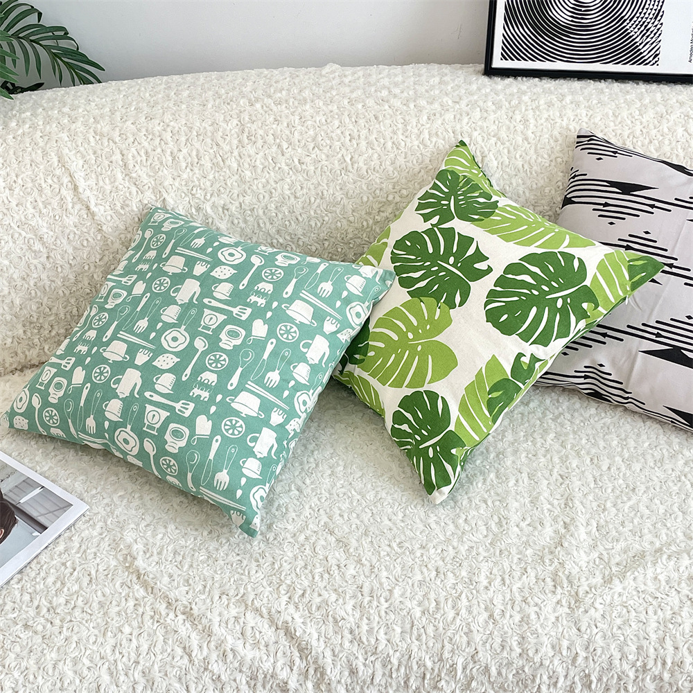 bj5120 fresh green leaf cotton and linen pillowcase for the living room, high-end checkered cushion, office nap pillowcase Application Scenario