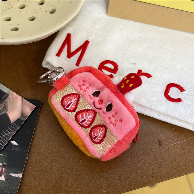 Ins-style girlish pink strawberry cake coin purse, plush headphones, storage bag, keychain pendant Specification drawing
