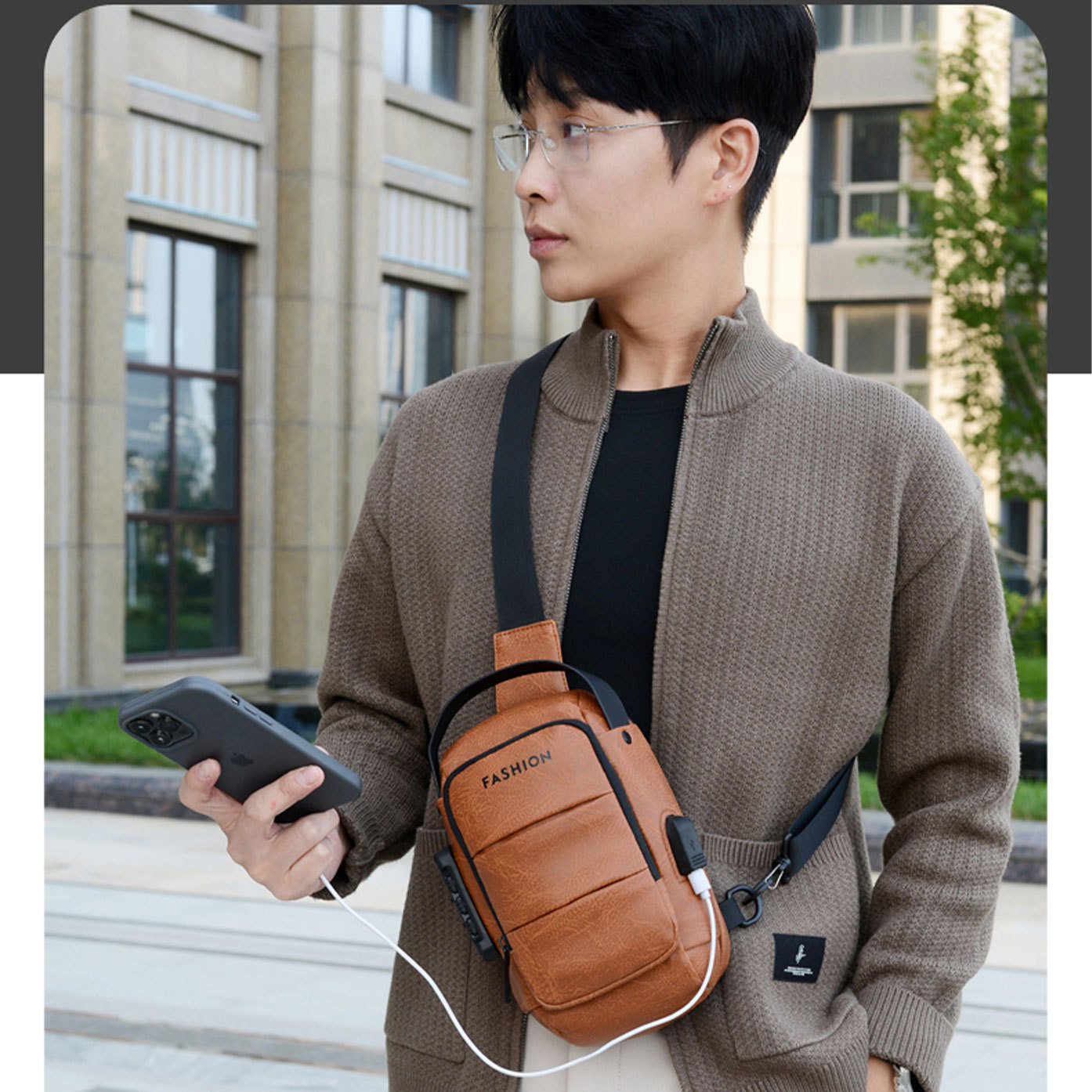 Cross-border new products: Fashionable motorcycle bag, single-shoulder crossbody bag, men's mobile phone bag, simple bag, usb charging port backpack Application Scenario