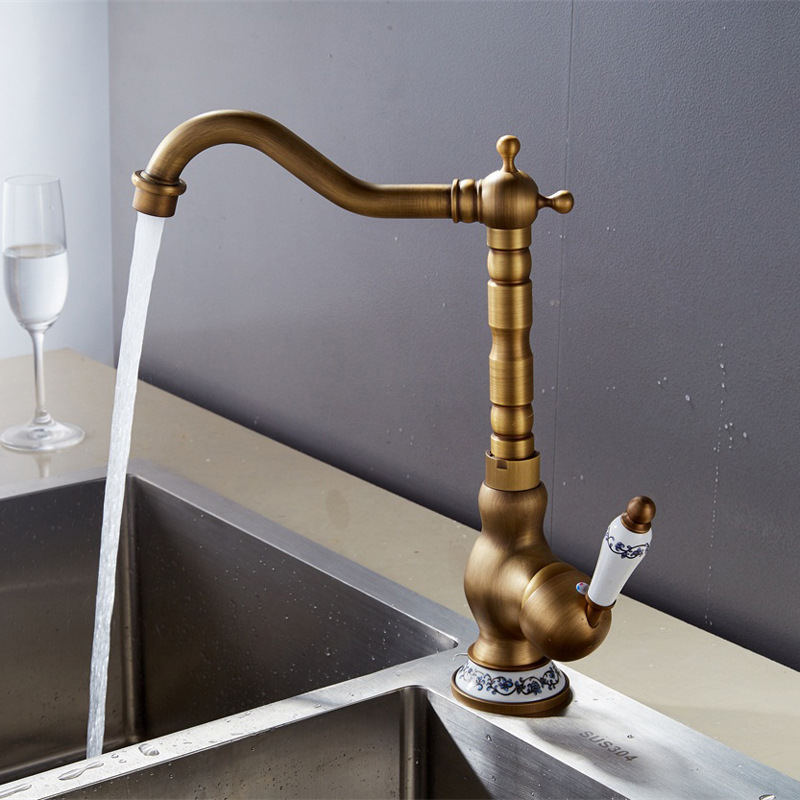 European-style copper antique washbasin faucet, blue and white porcelain handle countertop, kitchen sink, rotatable and water-mixing black antique dragon head details Picture