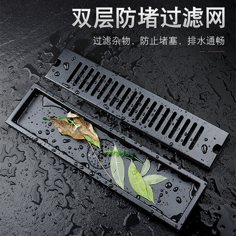 Cross-border temu Amazon 304 stainless steel long floor drain, black thickened rectangular large displacement anti-odor long floor drain Specification drawing