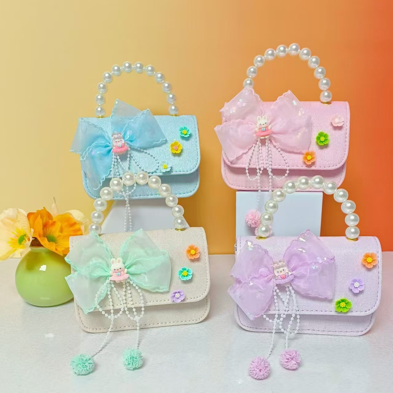 Bow pearl handbag, princess single-shoulder crossbody coin accessory bag, girl chanel-style children's chain square bag full figure