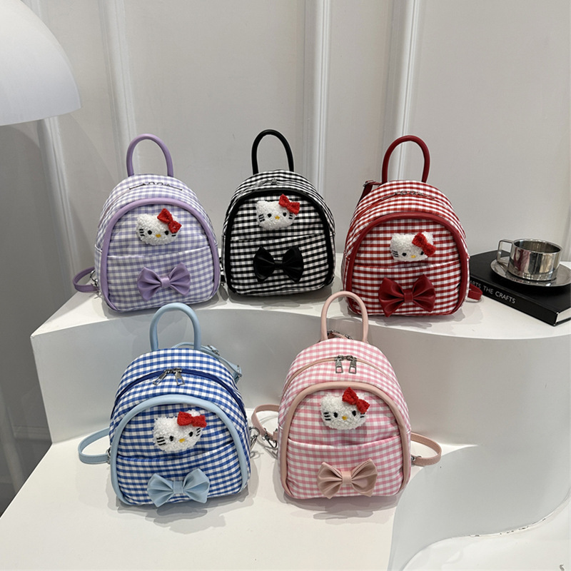 Children's Bag 2025 New Style Cartoon cute checkered mini Backpack, cute girls' street bow schoolbag full figure