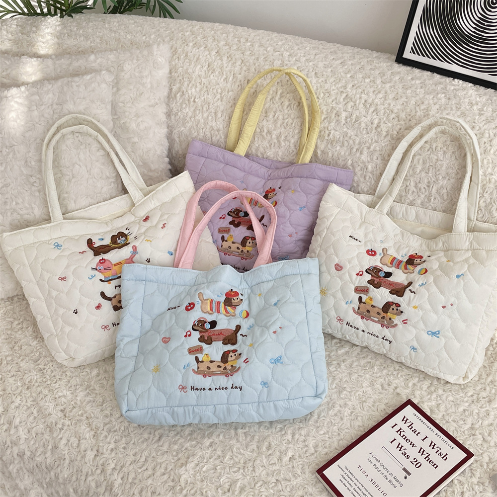 49243 Autumn and winter quilted and cotton-padded, cute puppy embroidery, handbag, shopping bag, bento bag, tote bag for women full figure