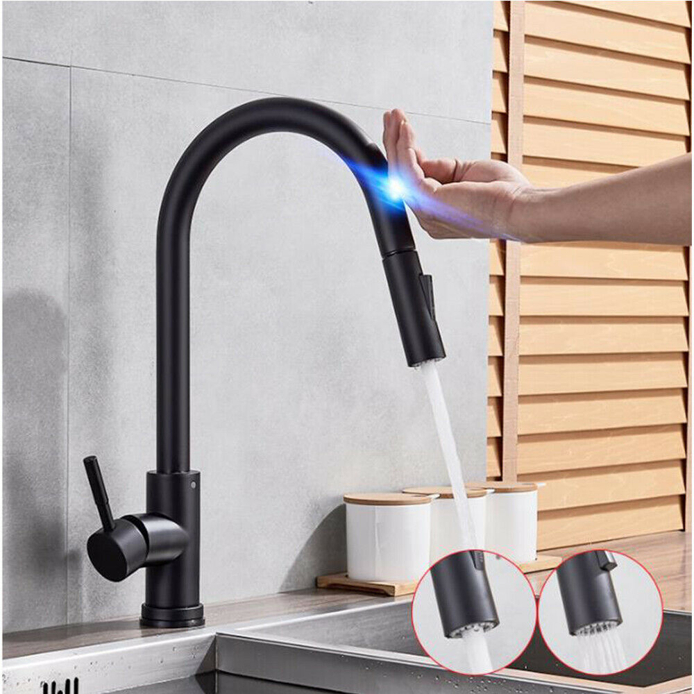 Black smart kitchen sink faucet pull-out nozzle, stainless steel touch sensor kitchen touch faucet full figure