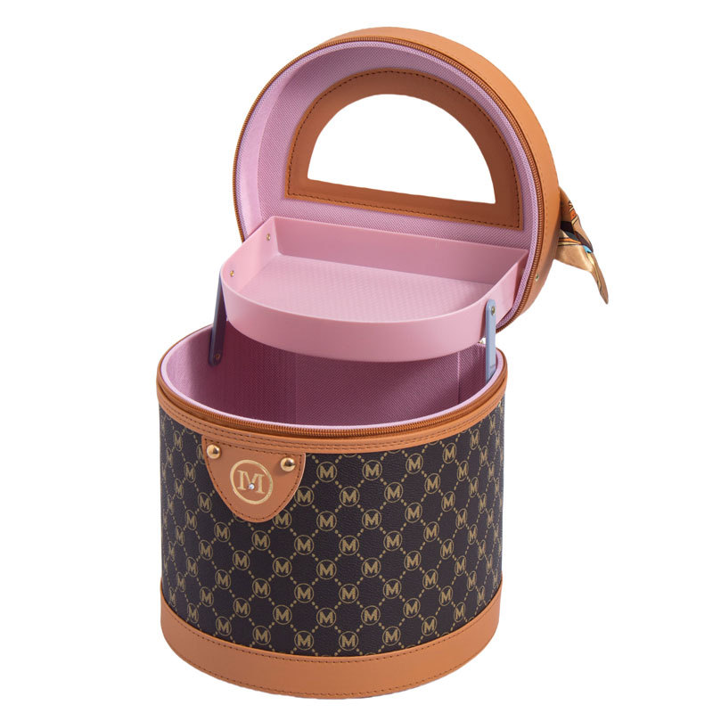 Maillard Color bucket bag, double-layer makeup box, high-end souvenir makeup bag, multi-functional with mirror, waterproof hand-held Item Picture