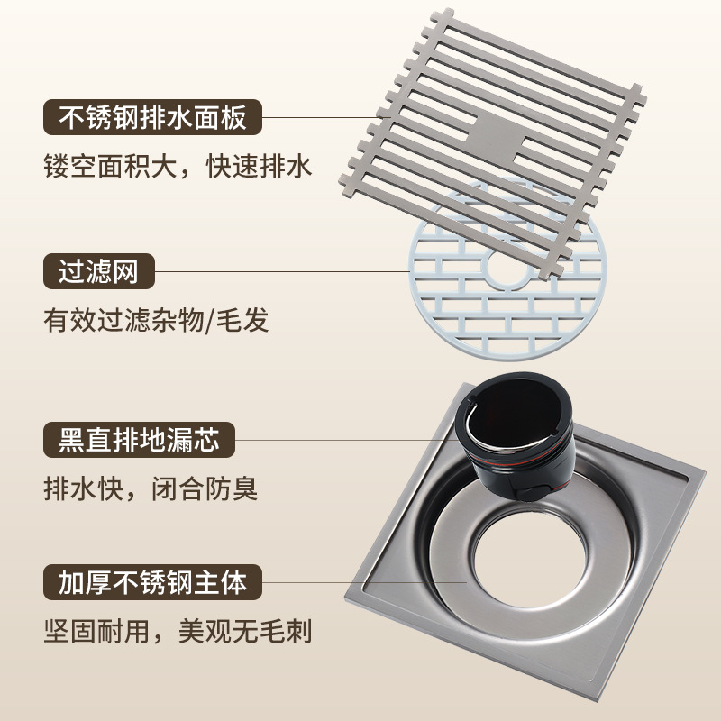 Liya stainless steel invisible floor drain, square anti-odor floor drain cover, bathroom, shower room, sewer anti-odor device details Picture