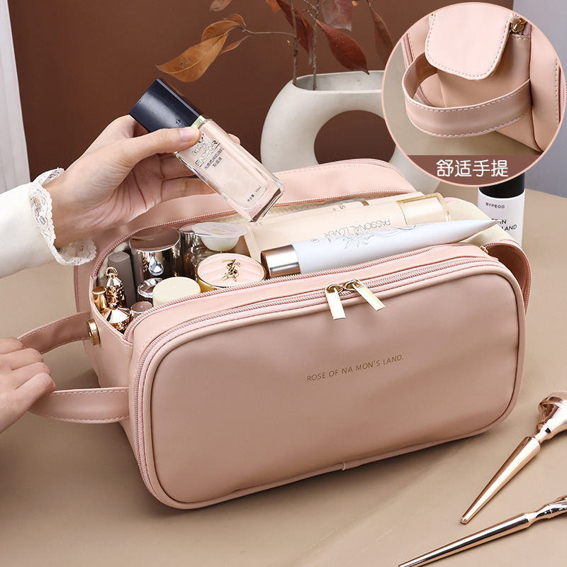 Double-zipper portable makeup bag with a high-end feel and high appearance level. New PU three-layer travel cosmetic storage bag Specification drawing