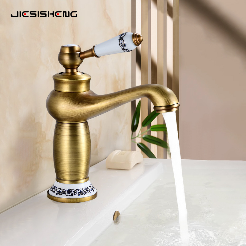 Cross-border exclusive supply of antique brass washbasin faucets, bathroom counter basins, cold and hot splash-proof faucets wholesale details Picture