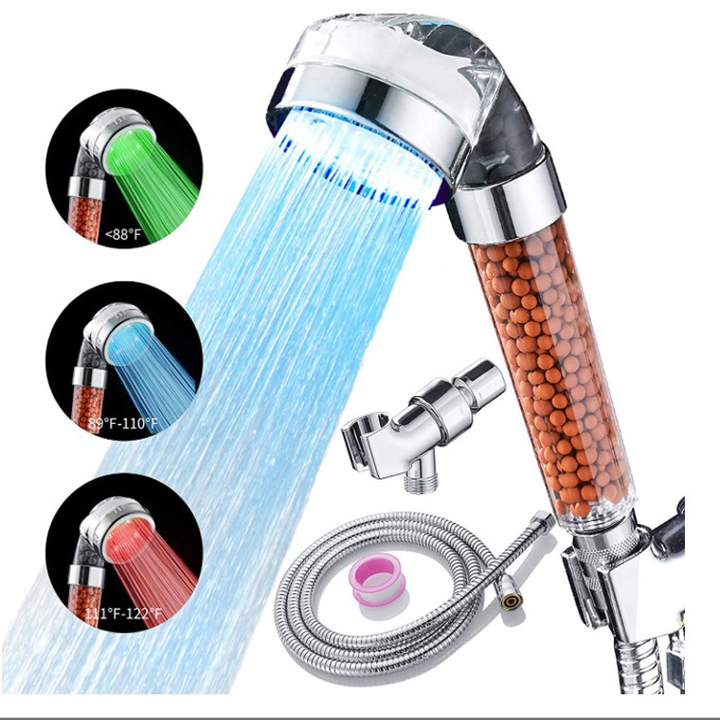 led showerhead multi-piece set, showerhead hose, showerhead stand set, temperature-controlled three-color and seven-color best-selling combination SDS-A23 full figure
