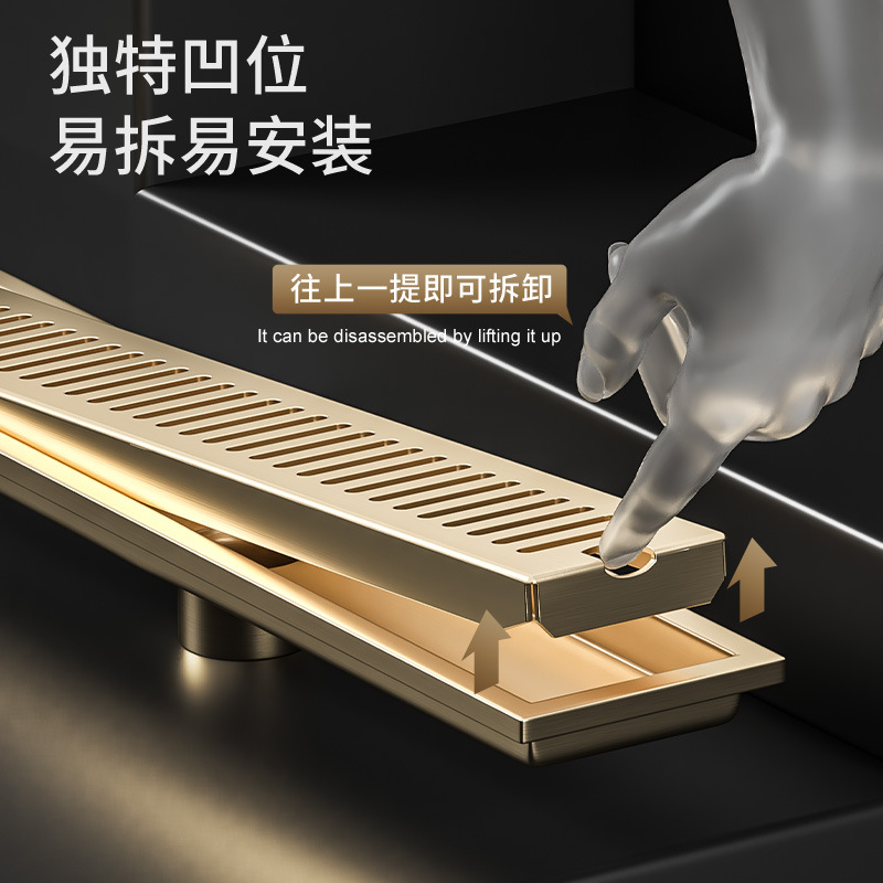 Middle East cross-border golden long floor drain, rectangular 304 stainless steel anti-odor floor drain, hotel bathroom extended strip type Application Scenario