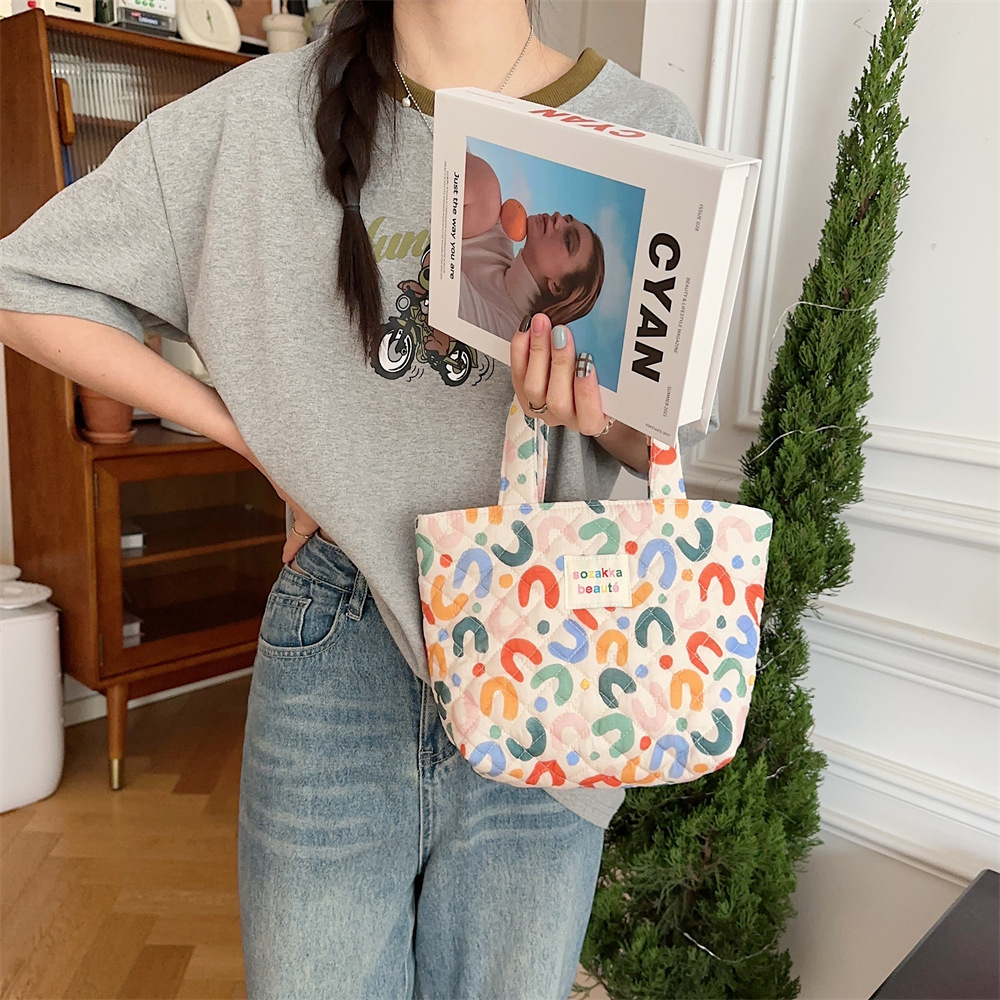 4361 ins quilted checkered handbag, cute cartoon anime bento bag, soft hand handbag, commuting sorting bag full figure
