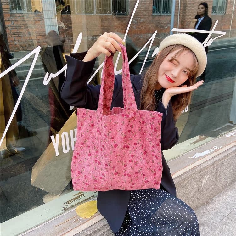 0133 ins Pink Rose Artistic Retro single-shoulder bag for Women, simple corduroy student cloth bag, large capacity tote bag details Picture