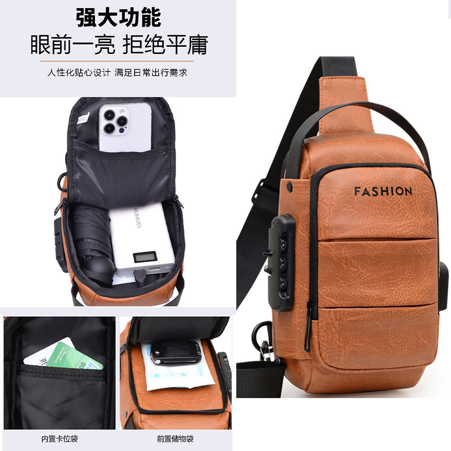 Cross-border new products: Fashionable motorcycle bag, single-shoulder crossbody bag, men's mobile phone bag, simple bag, usb charging port backpack Specification drawing