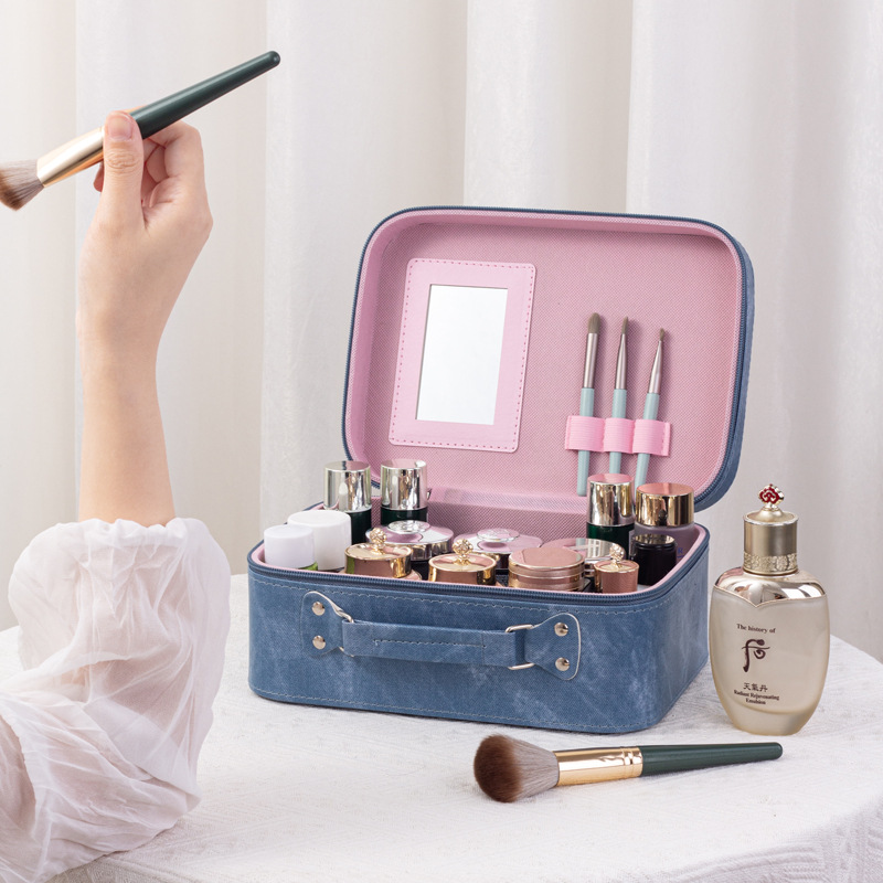 Portable denim makeup bag, large-capacity skin care products, desktop storage box, travel makeup case, hand-held souvenir, new style full figure