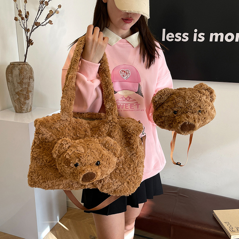 Cute cartoon plush bag for women 2024 new style bear doll bag, large-capacity backpack, furry crossbody bag Specification drawing