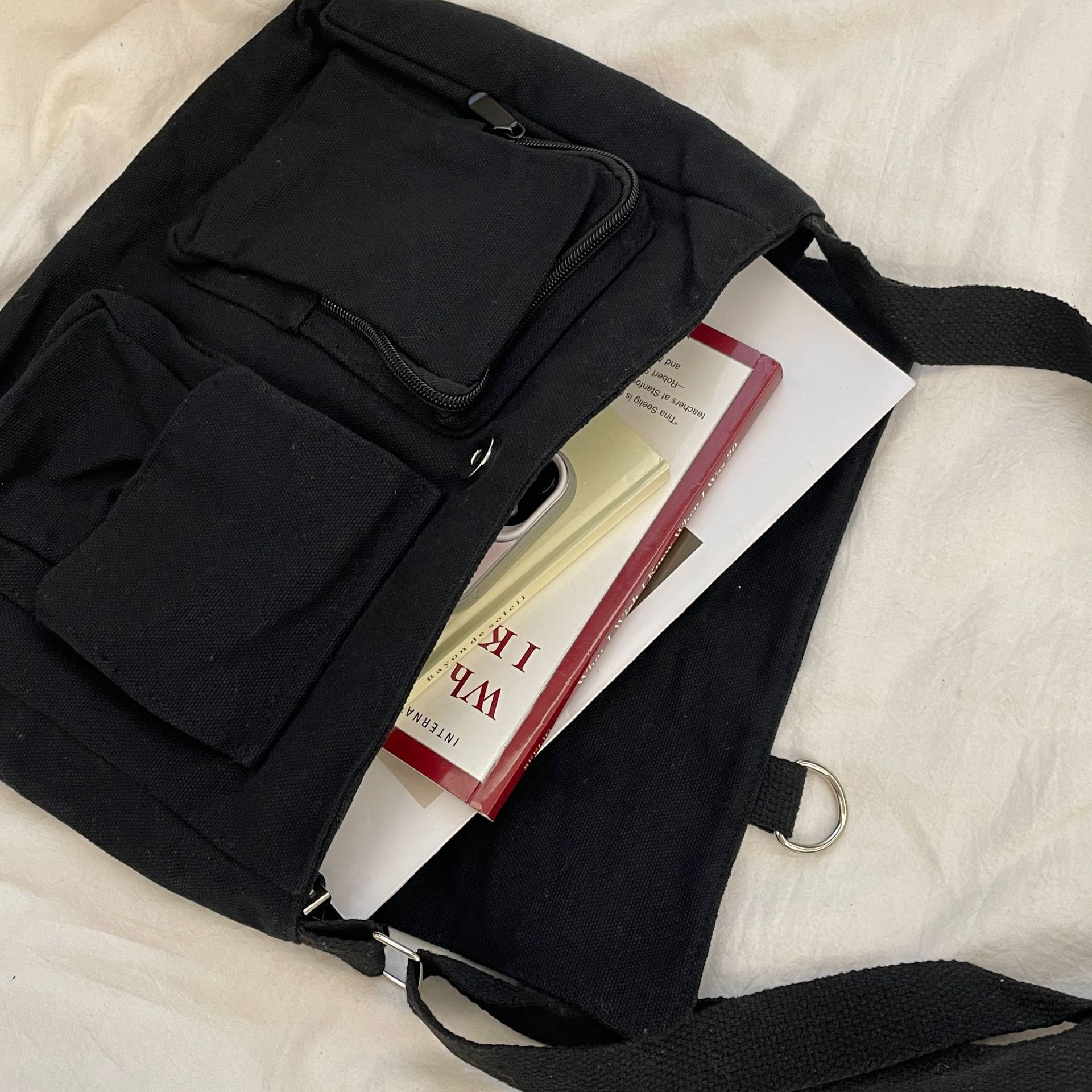 99233 Korean-style simple solid color cartoon pattern multi-pocket bag, single-shoulder canvas bag, commuting crossbody bag for work details Picture