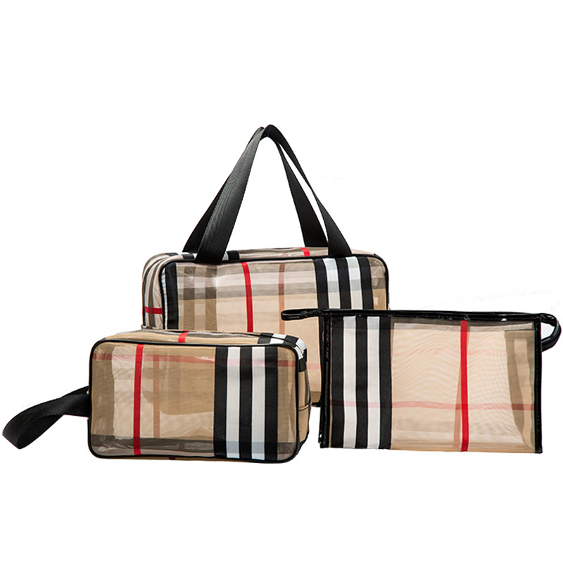 Waterproof striped mesh storage bag, PVC transparent cosmetic bag, travel beach bag, cosmetic bag, large capacity, high-end feel full figure