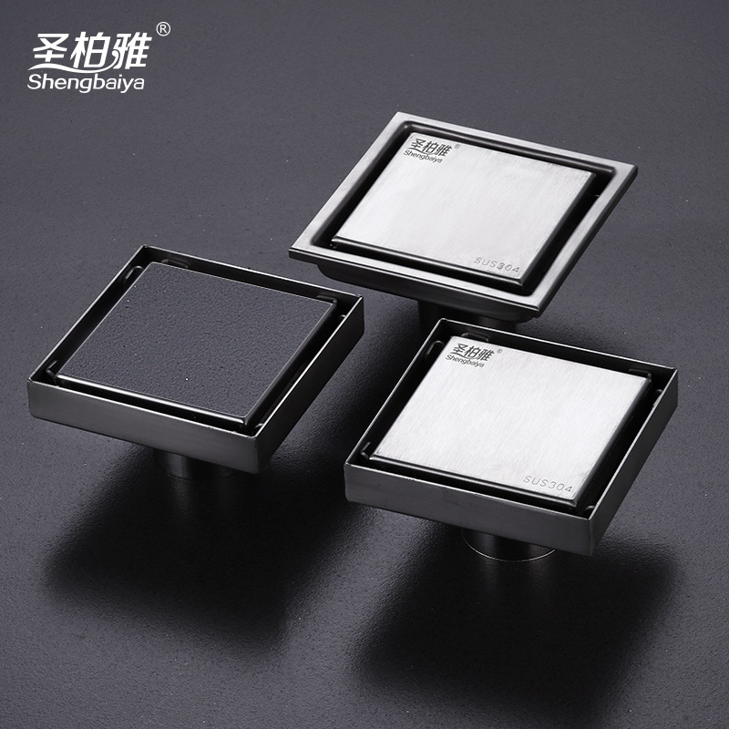 304 stainless steel invisible floor drain, black square, hidden drainage and anti-odor floor drain for bathroom, toilet and shower room full figure