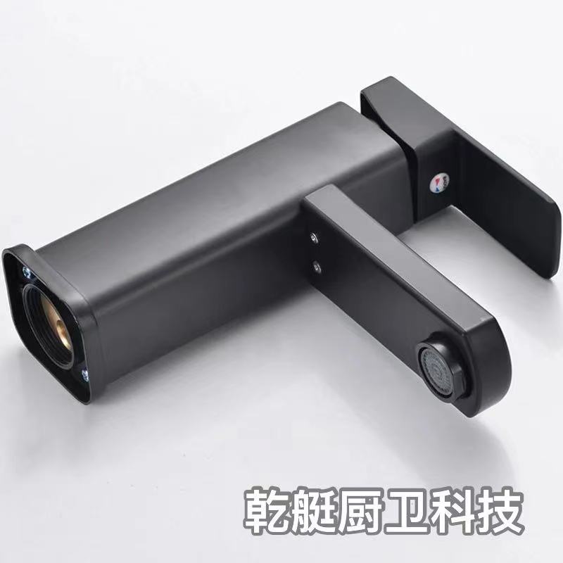 Copper core bottom basin faucet, black square single-hole basin faucet, countertop basin, stainless steel hot and cold water faucet Specification drawing