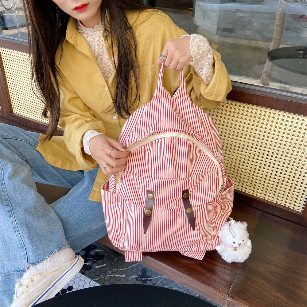 01042 Student casual backpack, simple color-blocking striped canvas bag, versatile large-capacity bag, travel backpack Specification drawing