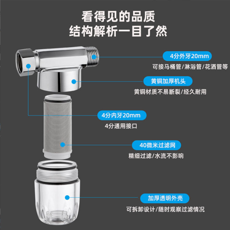 4-point brass inner and outer wire straight-through pre-filter, 304 stainless steel filter screen, water heater faucet, toilet filter Specification drawing
