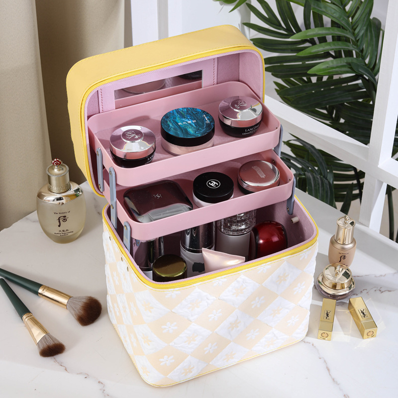 Ins-style makeup bag, large-capacity portable travel cosmetics storage bag, hand-held with mirror, square makeup box Application Scenario