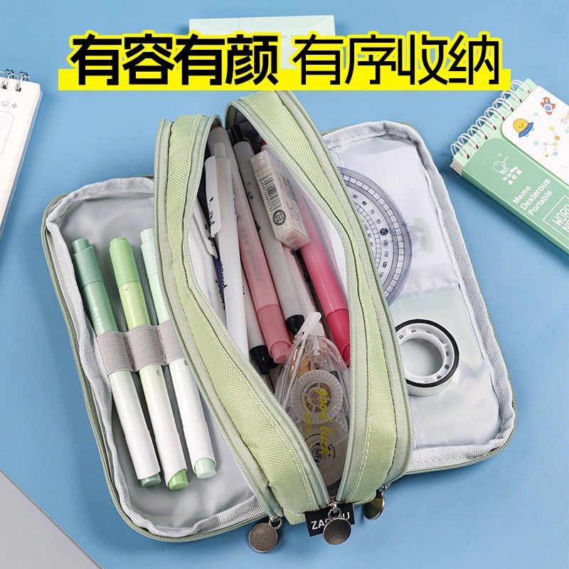 Wholesale of cross-border Korean version large-capacity pen cases, three-dimensional square stationery bags, student macaron-colored double-window pencil cases Application Scenario