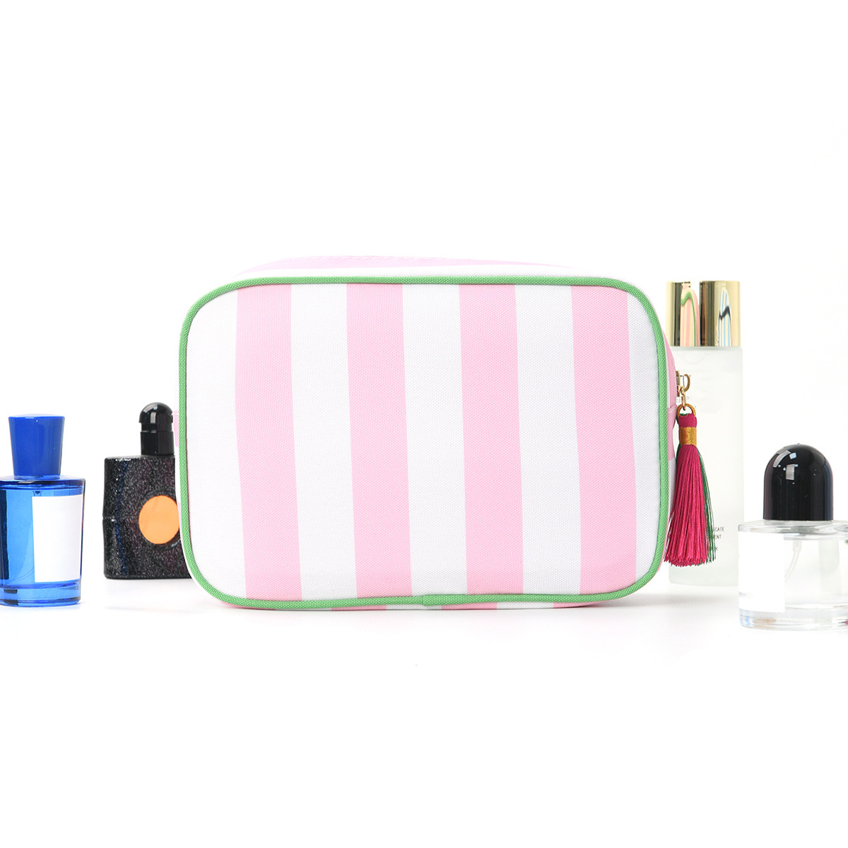 Feihong Cross-border Striped tassel Makeup Bag, large-capacity portable toiletries bag, High appearance level waterproof travel Storage bag Specification drawing