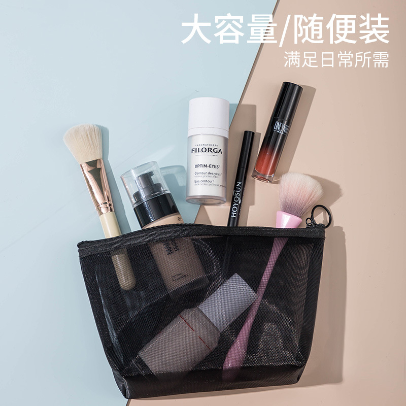 Three-piece set of mesh makeup and toiletry bag, portable and fashionable mesh red envelope, visible and breathable hand-held bag Specification drawing