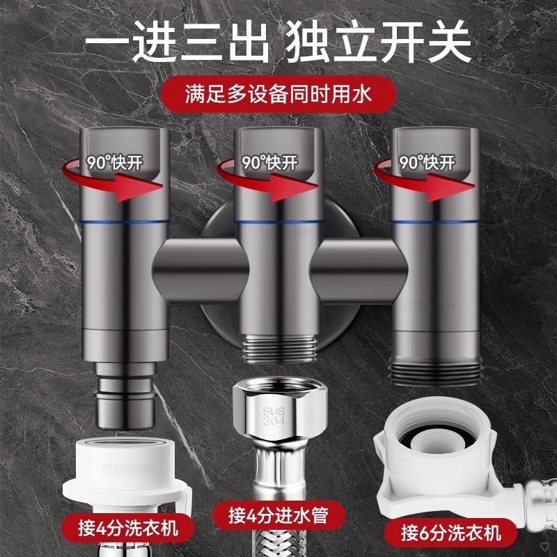 One-inlet three-outlet Angle valve, washing machine water inlet faucet, multi-functional four-way three-control water distributor valve, water distributor joint full figure