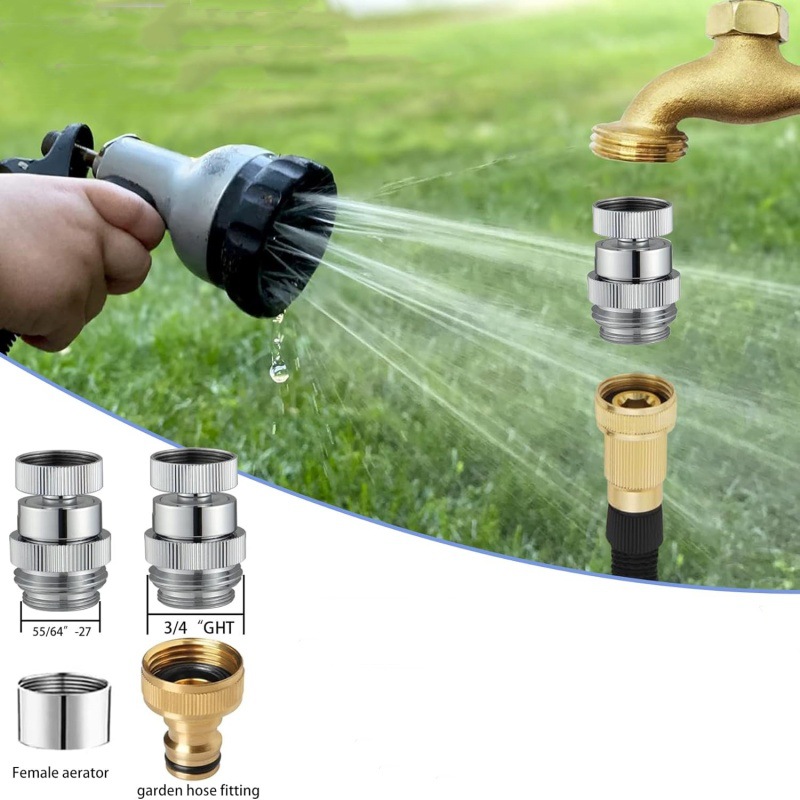 Cross-border US-made 360-degree rotating 3/4GHT chrome-plated garden hose thread faucet adapter kit Specification drawing