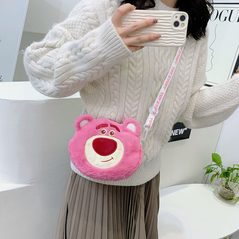 Cute cartoon strawberry bear crossbody bag for women 2024 autumn/Winter new style Funny plush three-eyed bag grab bag details Picture